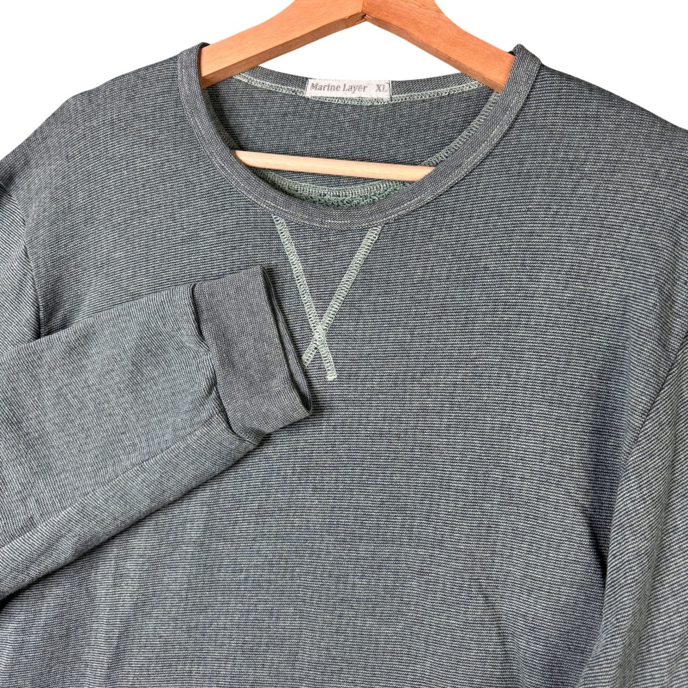 Marine Layer Mens XL Green Gray Micro Stripe French Terry V-Stitch Sweatshirt